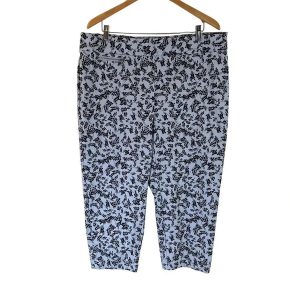Emaline Cropped Pants Plus 18W Blue Black All Over Floral Pattern Stretch Career - Picture 1 of 6